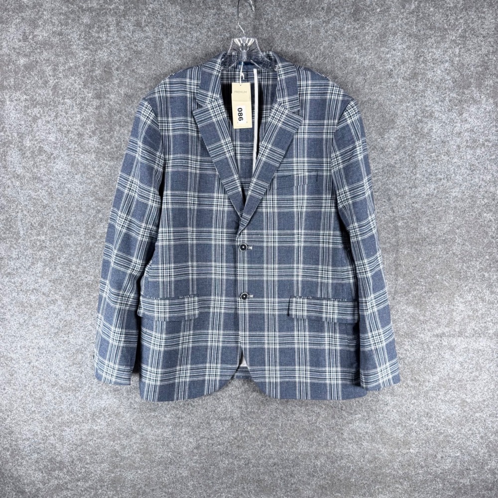 Reserved Premium Men's XXL Blue Plaid Linen Blend Slim Fit Blazer NWT